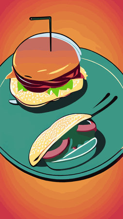 Minimal background for fast food concept. Hamburger cartoon style background. rendering illustration. Clipping path of each element included.のイラスト素材