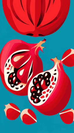 Pomegranate, red fresh juicy fruit with green leaves vector illustration. Cartoon isolated open sweet garnet with ruby seeds and skin, healthy food ingredient and vegan vitamin dessert to tasteのイラスト素材