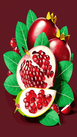 Pomegranate, red fresh juicy fruit with green leaves vector illustration. Cartoon isolated open sweet garnet with ruby seeds and skin, healthy food ingredient and vegan vitamin dessert to tasteのイラスト素材