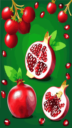 Pomegranate, red fresh juicy fruit with green leaves vector illustration. Cartoon isolated open sweet garnet with ruby seeds and skin, healthy food ingredient and vegan vitamin dessert to tasteのイラスト素材