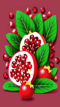 Pomegranate, red fresh juicy fruit with green leaves vector illustration. Cartoon isolated open sweet garnet with ruby seeds and skin, healthy food ingredient and vegan vitamin dessert to tasteのイラスト素材