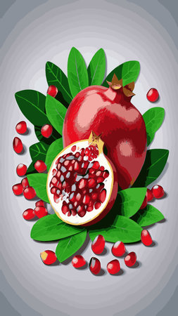Pomegranate, red fresh juicy fruit with green leaves vector illustration. Cartoon isolated open sweet garnet with ruby seeds and skin, healthy food ingredient and vegan vitamin dessert to tasteのイラスト素材