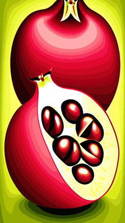 Pomegranate, red fresh juicy fruit with green leaves vector illustration. Cartoon isolated open sweet garnet with ruby seeds and skin, healthy food ingredient and vegan vitamin dessert to tasteのイラスト素材