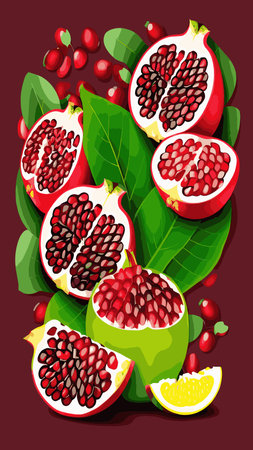 Pomegranate, red fresh juicy fruit with green leaves vector illustration. Cartoon isolated open sweet garnet with ruby seeds and skin, healthy food ingredient and vegan vitamin dessert to tasteのイラスト素材