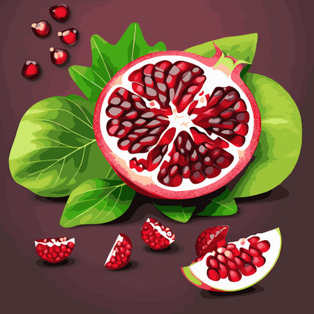 Pomegranate, red fresh juicy fruit with green leaves vector illustration. Cartoon isolated open sweet garnet with ruby seeds and skin, healthy food ingredient and vegan vitamin dessert to tasteのイラスト素材
