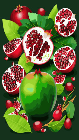 Pomegranate, red fresh juicy fruit with green leaves vector illustration. Cartoon isolated open sweet garnet with ruby seeds and skin, healthy food ingredient and vegan vitamin dessert to tasteのイラスト素材