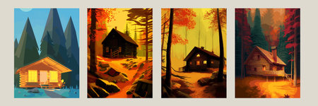 Autumn forest with wooden house on glade. Vector cartoon illustration of deep woods landscape with forester hut, grass and orange trees. Fall scene with cottageの写真素材