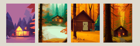 Autumn forest with wooden house on glade. Vector cartoon illustration of deep woods landscape with forester hut, grass and orange trees. Fall scene with cottageのイラスト素材