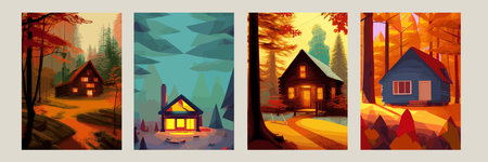 Autumn forest with wooden house on glade. Vector cartoon illustration of deep woods landscape with forester hut, grass and orange trees. Fall scene with cottageのイラスト素材