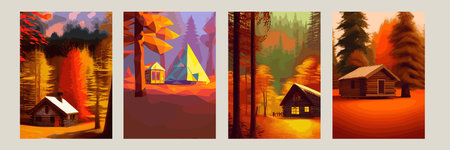 Autumn forest with wooden house on glade. Vector cartoon illustration of deep woods landscape with forester hut, grass and orange trees. Fall scene with cottageの写真素材