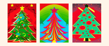 Vector set of cartoon Christmas trees, pine trees for greeting cards, invitations, banners, web. Christmas tree with garlands, light bulb, starのイラスト素材