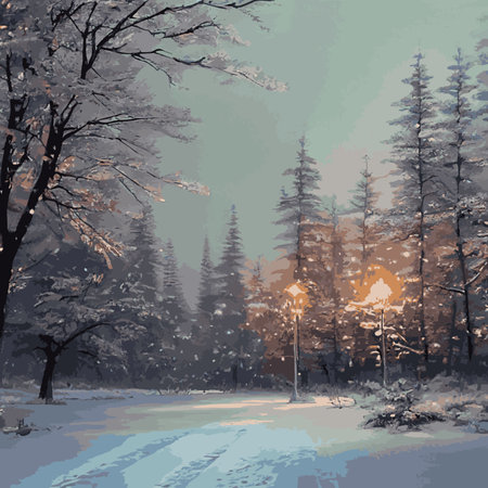 Winter landscape with hills in snow, fir trees and sky. Panoramic snowy nature scene. Scenery with mountains in cold frosty weather.のイラスト素材