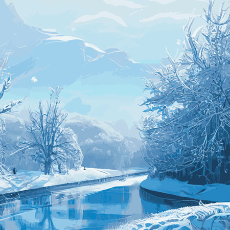 Winter landscape with hills in the snow, fir trees and the sky. Panoramic snow-covered natural scene. Landscape with mountains, rivers in cold frosty weather.のイラスト素材