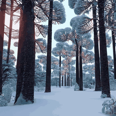 Winter landscape with hills in snow, fir trees and sky. Panoramic snowy nature scene. Scenery with mountains in cold frosty weather.の写真素材