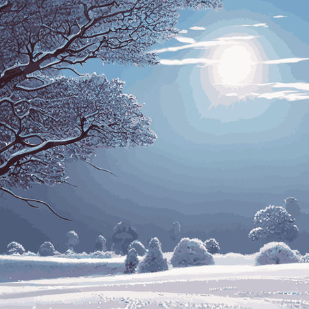 Winter landscape with hills in the snow, fir trees and the sky. Panoramic snow-covered natural scene. Landscape with mountains, rivers in cold frosty weather.のイラスト素材