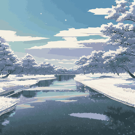 Winter landscape with hills in the snow, fir trees and the sky. Panoramic snow-covered natural scene. Landscape with mountains, rivers in cold frosty weather.のイラスト素材