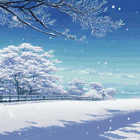 Winter landscape with hills in the snow, fir trees and the sky. Panoramic snow-covered natural scene. Landscape with mountains, rivers in cold frosty weather.のイラスト素材