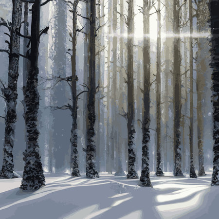 Winter landscape with hills in snow, fir trees and sky. Panoramic snowy nature scene. Scenery with mountains in cold frosty weather.のイラスト素材