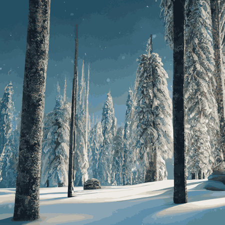 Winter landscape with hills in snow, fir trees and sky. Panoramic snowy nature scene. Scenery with mountains in cold frosty weather.の写真素材