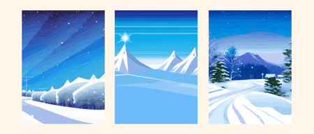 Winter landscape with hills in the snow, fir trees and the sky. Panoramic snow-covered natural scene. Landscape with mountains, rivers in cold frosty weather.のイラスト素材