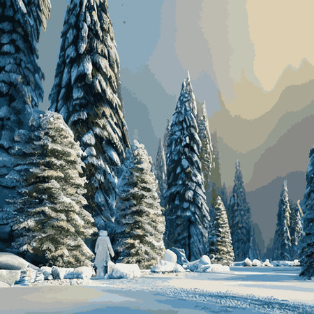 Winter landscape with hills in snow, fir trees and sky. Panoramic snowy nature scene. Scenery with mountains in cold frosty weather.の写真素材