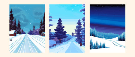Winter landscape with hills in the snow, fir trees and the sky. Panoramic snow-covered natural scene. Landscape with mountains, rivers in cold frosty weather.の写真素材