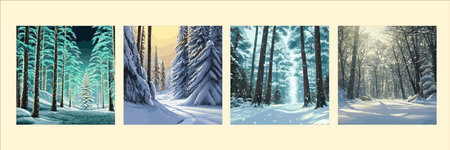 Winter landscape with hills in snow, fir trees and sky. Panoramic snowy nature scene. Scenery with mountains in cold frosty weather.の写真素材