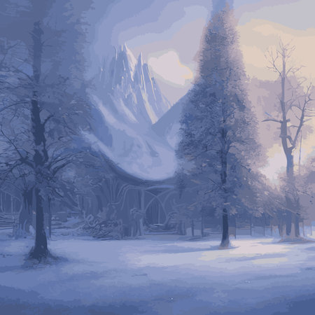 Winter landscape with hills in the snow, fir trees and the sky. Panoramic snow-covered natural scene. Landscape with mountains, rivers in cold frosty weather.のイラスト素材