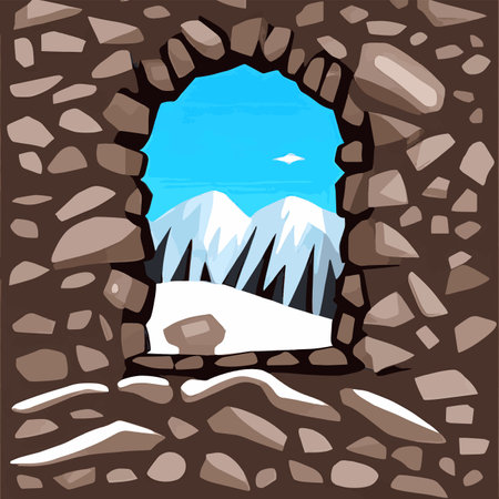 vector illustration. flat landscape. snowy background. snowdrifts. snowfall. clear blue sky. Blizzard. cartoon wallpaper. winter season. forest trees and mountains.のイラスト素材