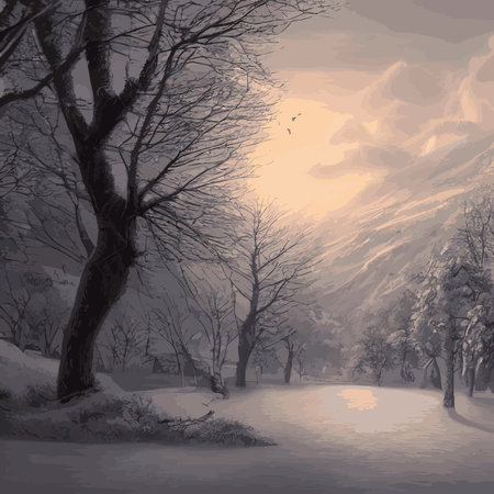 Winter landscape with hills in the snow, fir trees and the sky. Panoramic snow-covered natural scene. Landscape with mountains, rivers in cold frosty weather.のイラスト素材