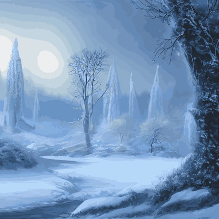 Winter landscape with hills in the snow, fir trees and the sky. Panoramic snow-covered natural scene. Landscape with mountains, rivers in cold frosty weather.のイラスト素材