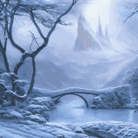 Winter landscape with hills in the snow, fir trees and the sky. Panoramic snow-covered natural scene. Landscape with mountains, rivers in cold frosty weather.のイラスト素材