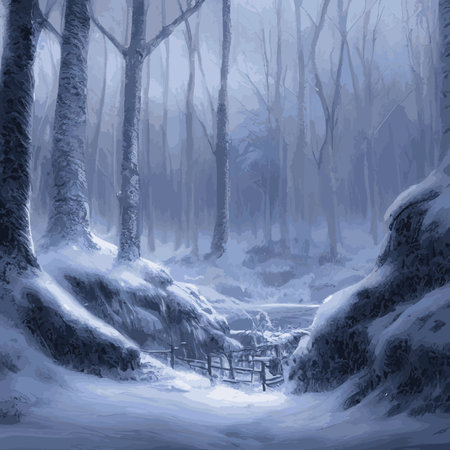 Winter landscape with hills in the snow, fir trees and the sky. Panoramic snow-covered natural scene. Landscape with mountains, rivers in cold frosty weather.のイラスト素材