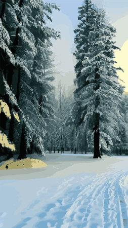 Winter landscape with hills in the snow, fir trees and the sky. Panoramic snow-covered natural scene. Landscape with mountains, rivers in cold frosty weather.のイラスト素材