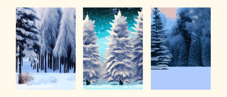 Winter landscape with hills in the snow, fir trees and the sky. Panoramic snow-covered natural...