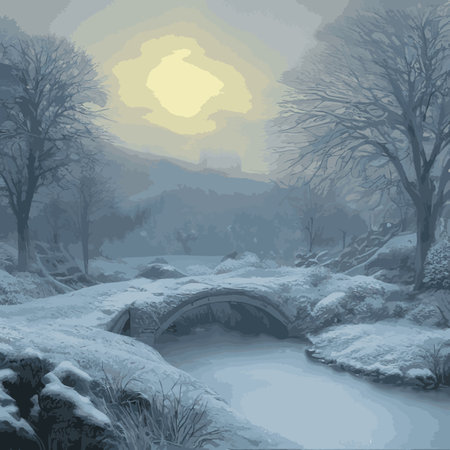 Winter landscape with hills in the snow, fir trees and the sky. Panoramic snow-covered natural scene. Landscape with mountains, rivers in cold frosty weather.のイラスト素材