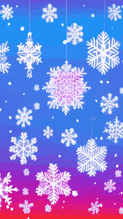 Wintry christmas design elements with snowflakes in different colors.Blurred wintry mix with falling snow on background for use as a texture.Crystal snowflake and circle elements vector graphics.のイラスト素材