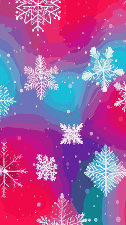 Wintry christmas design elements with snowflakes in different colors.Blurred wintry mix with falling snow on background for use as a texture.Crystal snowflake and circle elements vector graphics.のイラスト素材