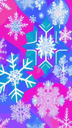 Wintry christmas design elements with snowflakes in different colors.Blurred wintry mix with falling snow on background for use as a texture.Crystal snowflake and circle elements vector graphics.のイラスト素材
