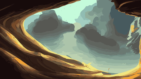 Canyon with river on the bottom, national park. Red sandstone mountains, horizon with sand rocks and sky, nature landscape background, Cartoon vector illustrationのイラスト素材