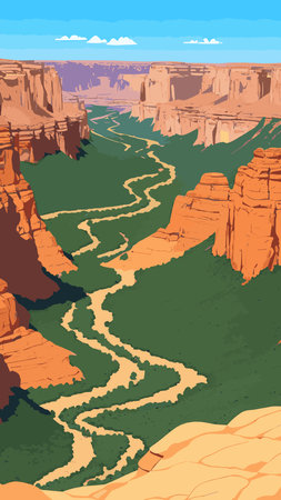 Canyon with river on the bottom, national park. Red sandstone mountains, horizon with sand rocks and sky, nature landscape background, Cartoon vector illustrationのイラスト素材