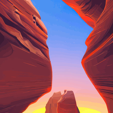 Canyon with river on the bottom, national park. Red sandstone mountains, horizon with sand rocks and sky, nature landscape background, Cartoon vector illustrationのイラスト素材