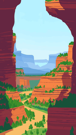 Canyon with river on the bottom, national park. Red sandstone mountains, horizon with sand rocks and sky, nature landscape background, Cartoon vector illustrationのイラスト素材