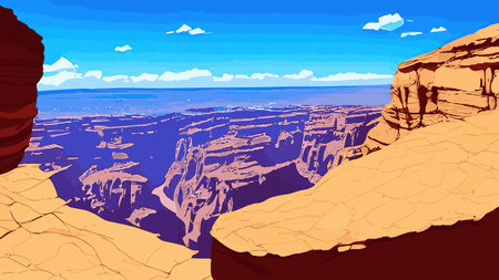 Canyon with river on the bottom, national park. Red sandstone mountains, horizon with sand rocks and sky, nature landscape background, Cartoon vector illustrationのイラスト素材