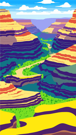 Canyon with river on the bottom, national park. Red sandstone mountains, horizon with sand rocks and sky, nature landscape background, Cartoon vector illustrationのイラスト素材