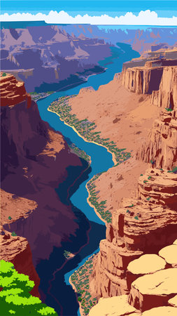 Canyon with river on the bottom, national park. Red sandstone mountains, horizon with sand rocks and sky, nature landscape background, Cartoon vector illustrationのイラスト素材