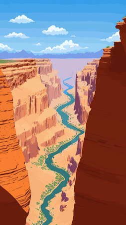 Canyon with river on the bottom, national park. Red sandstone mountains, horizon with sand rocks and sky, nature landscape background, Cartoon vector illustrationのイラスト素材