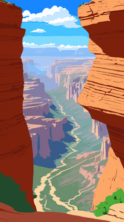 Canyon with river on the bottom, national park. Red sandstone mountains, horizon with sand rocks and sky, nature landscape background, Cartoon vector illustrationのイラスト素材