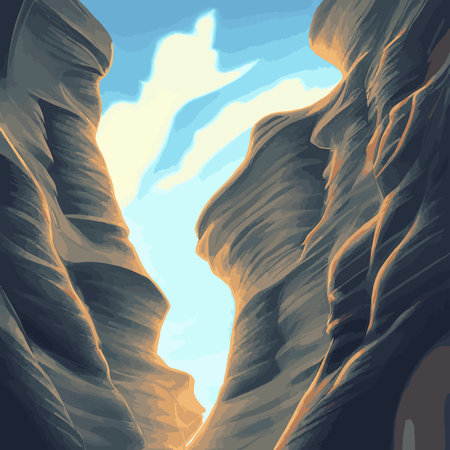 Canyon with river on the bottom, national park. Red sandstone mountains, horizon with sand rocks and sky, nature landscape background, Cartoon vector illustrationのイラスト素材