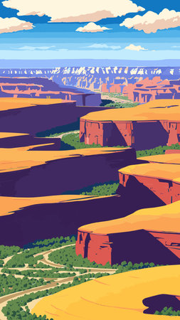 Canyon with river on the bottom, national park. Red sandstone mountains, horizon with sand rocks and sky, nature landscape background, Cartoon vector illustrationのイラスト素材